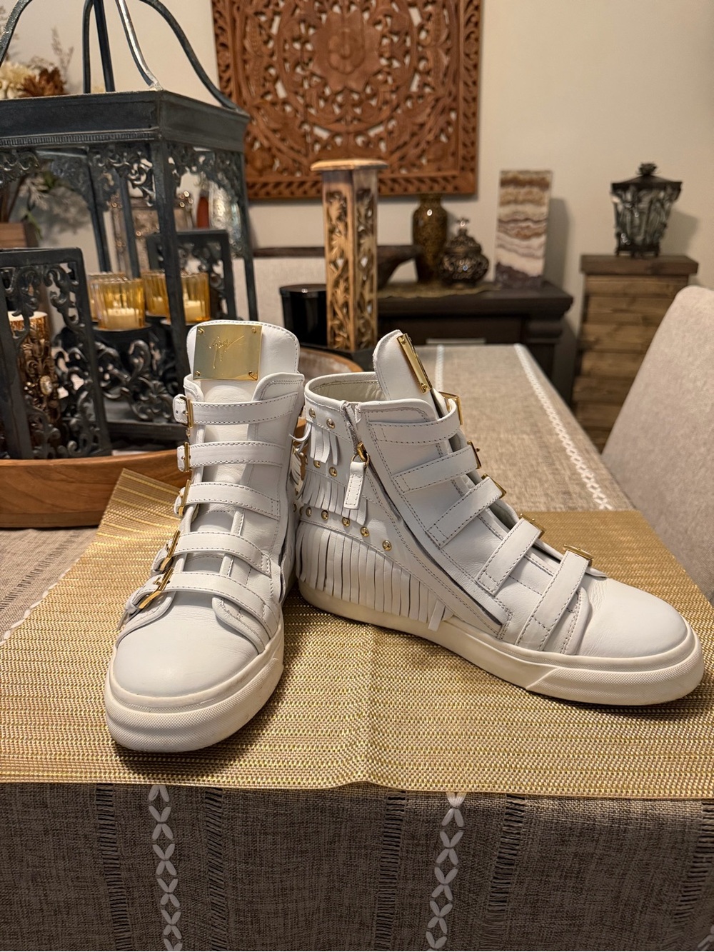 Giuseppe Zanotti White High-Top Leather Buckle/ fringe Sneakers with Gold Plates